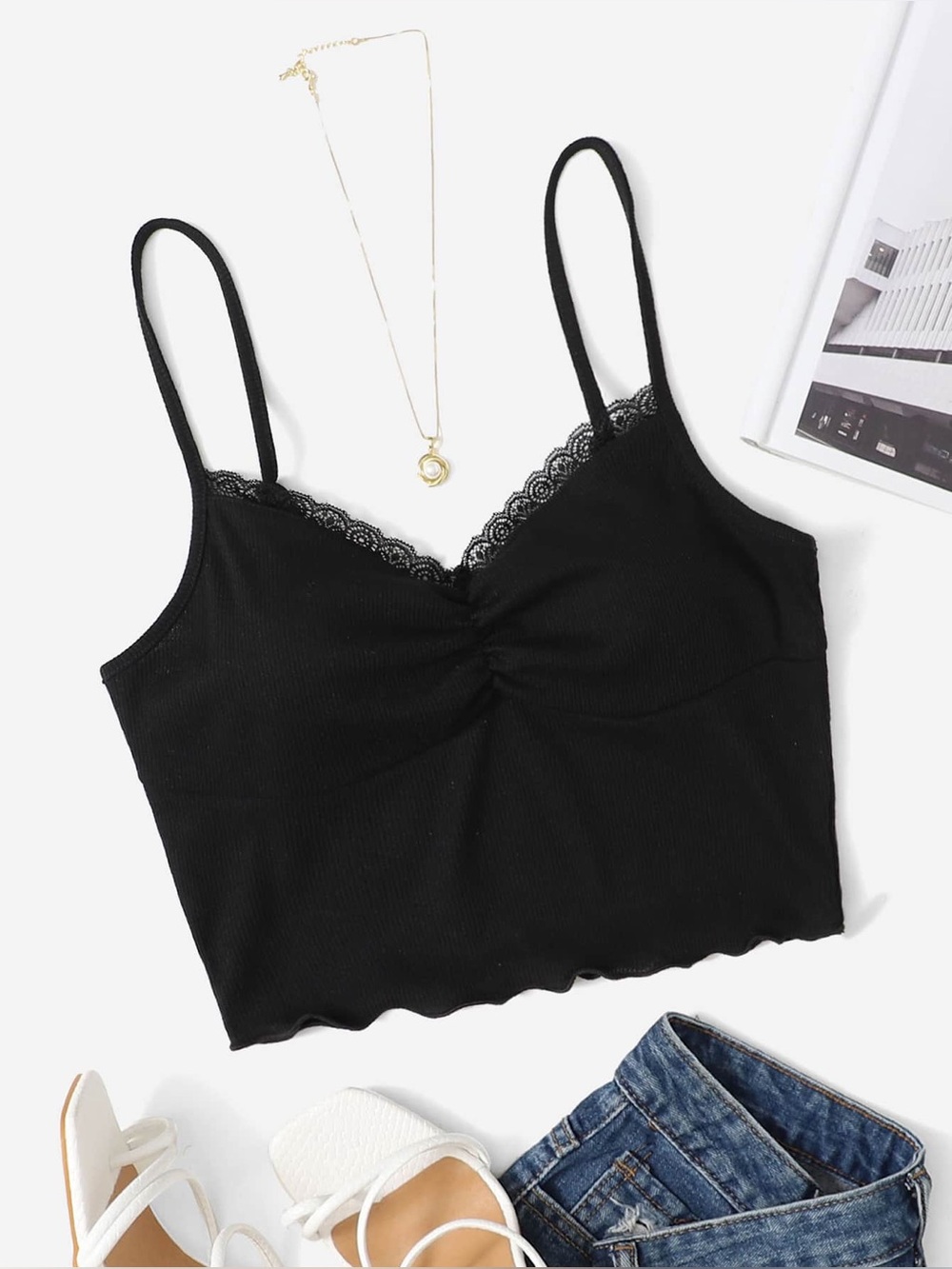 SHEIN Black Lace-Trim Bralette Crop Top